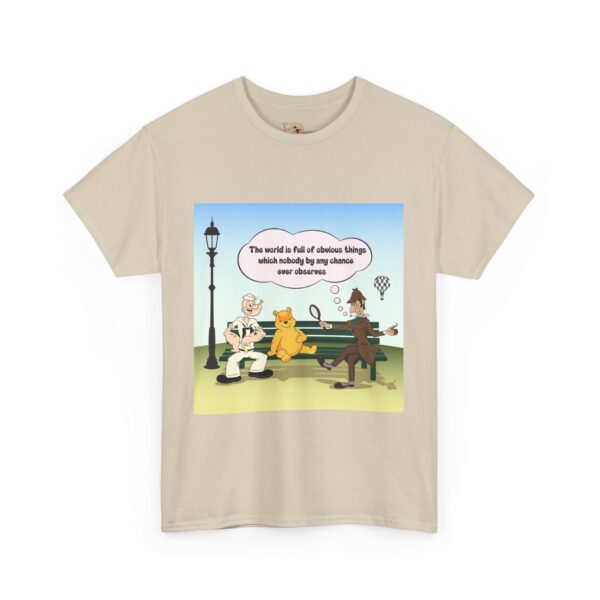 Sherlock, Winnie and Popeye sitting on a Bench T-Shirt - Image 2