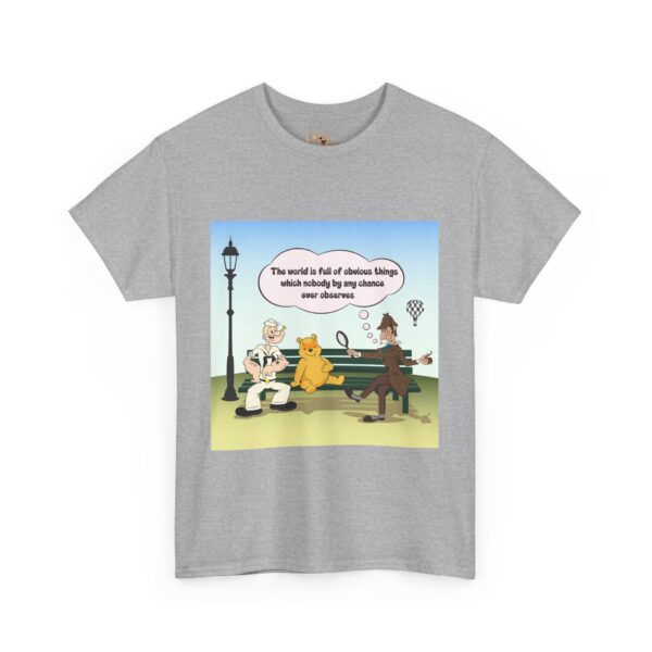 Sherlock, Winnie and Popeye sitting on a Bench T-Shirt - Image 4