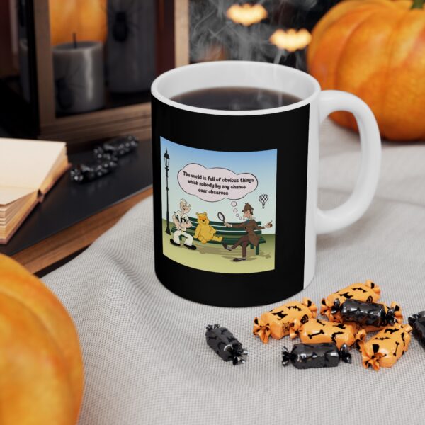 Sherlock, Winnie and Popeye sitting on a Bench Mug