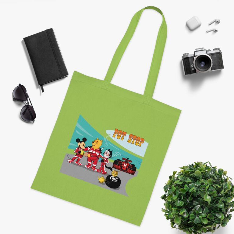 Playful Racing Pit Stop Art Tote Bag with Cozy Tea Break Scene