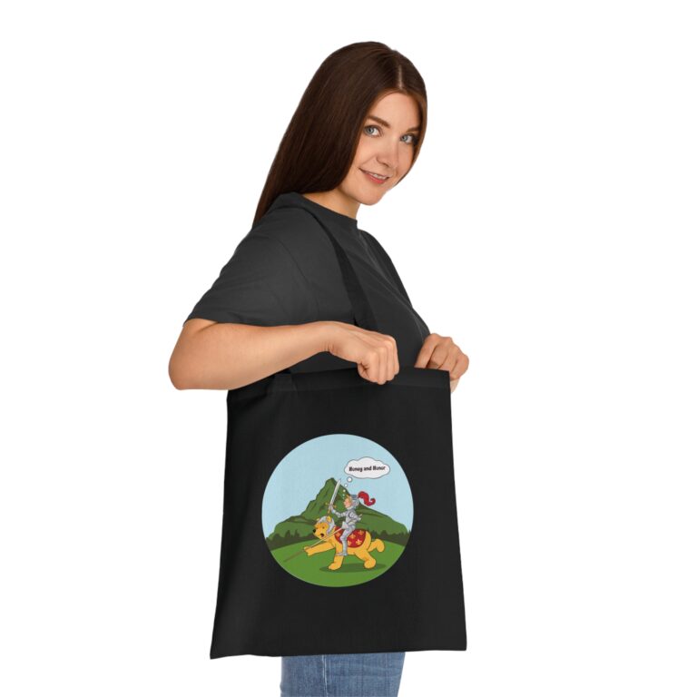 Playful Knight Riding Bear Art Tote Bag with Whimsical Fantasy