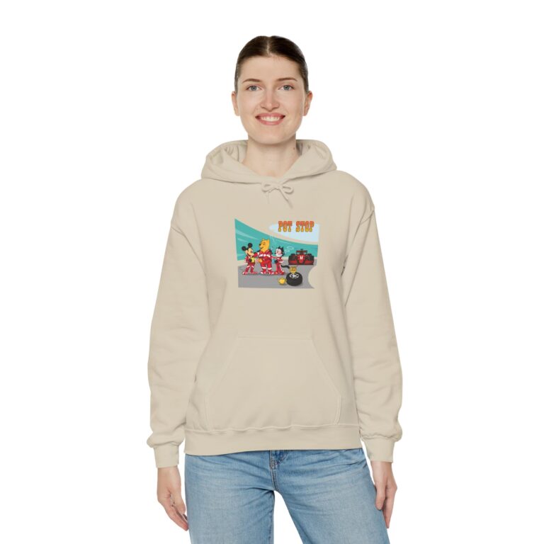 Cartoon Racing Team Tea Break Hoodie with Playful Pit Stop Scene