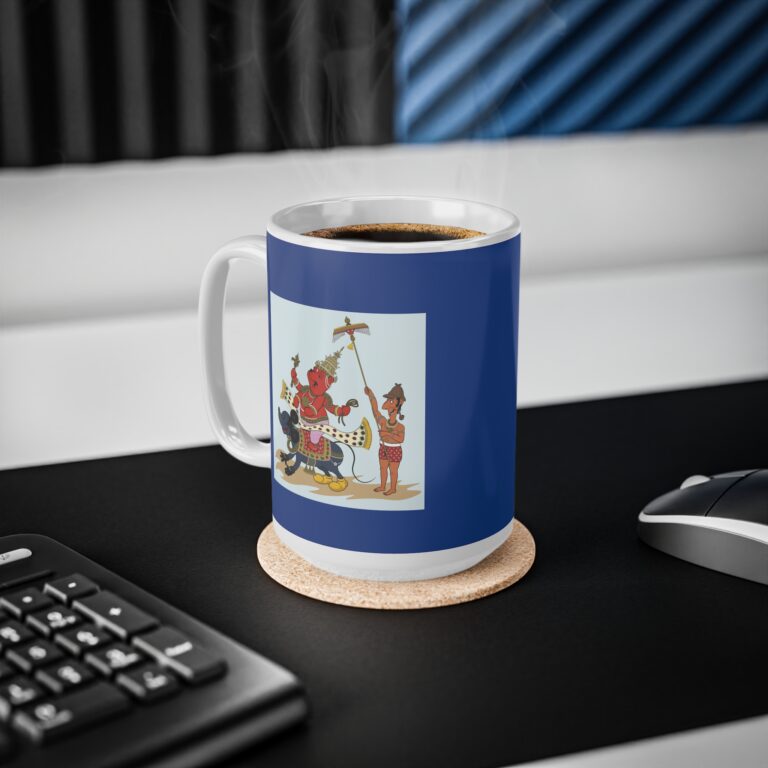 Mythic Pop Deity Art Mug with Surreal Cultural Fusion Design